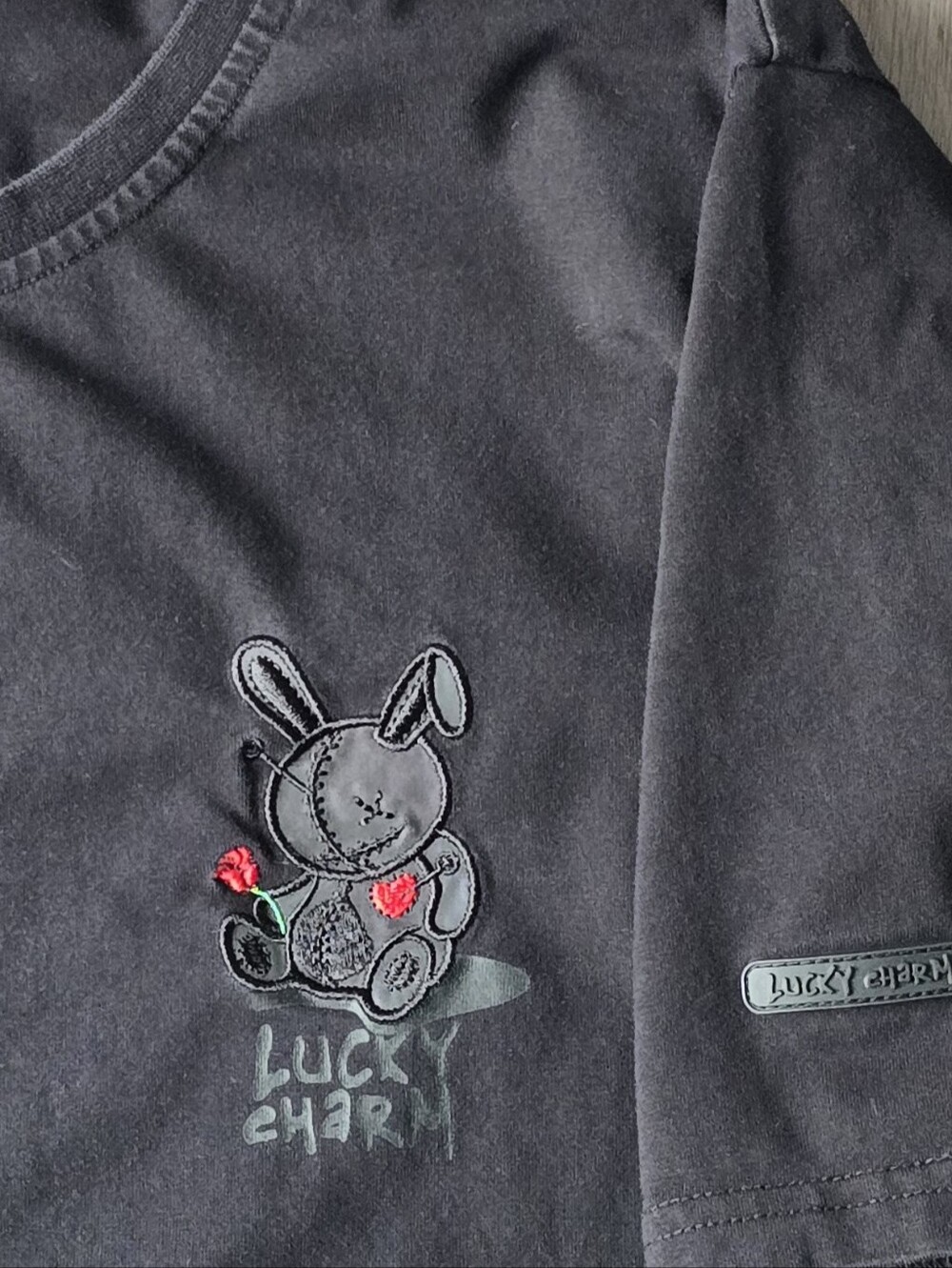 Lucky Charm Black Embroidered Bunny Tee Red Accent Y2K Medium